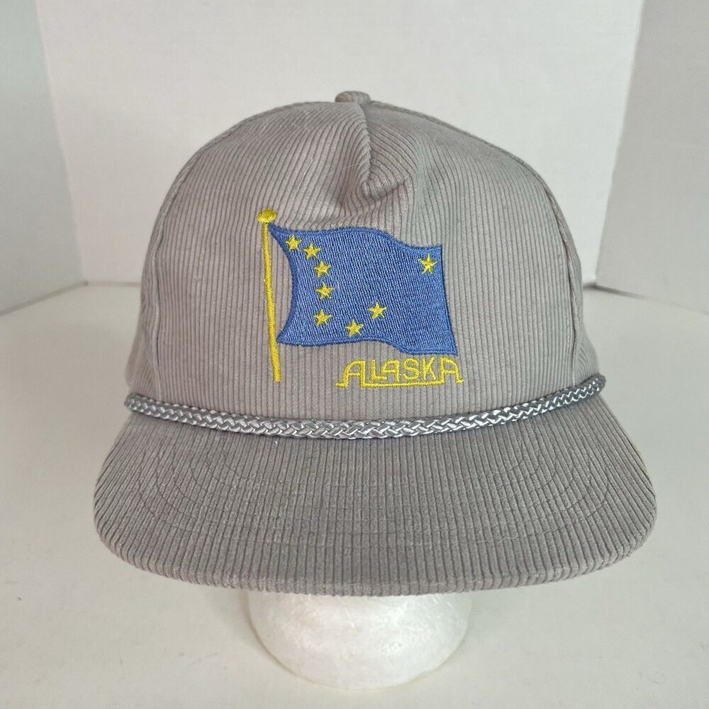 Vintage Alaska Corduroy SnapBack Hat, Grey, Cord, Flag, Headliners